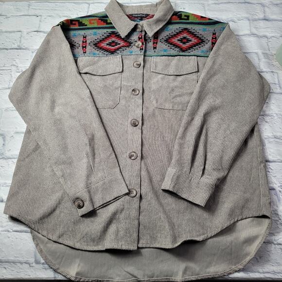 Davi & Dani Gray Wide Wale Corduroy with Southwestern Yoke Shacket size 1XL - Picture 9 of 16